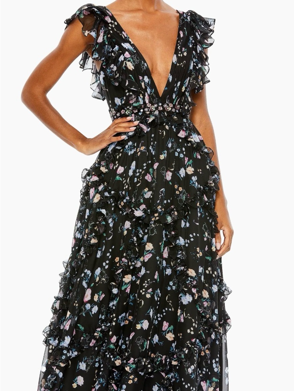 Mac Duggal Ieena Floral Ruffle V-Neck Gown